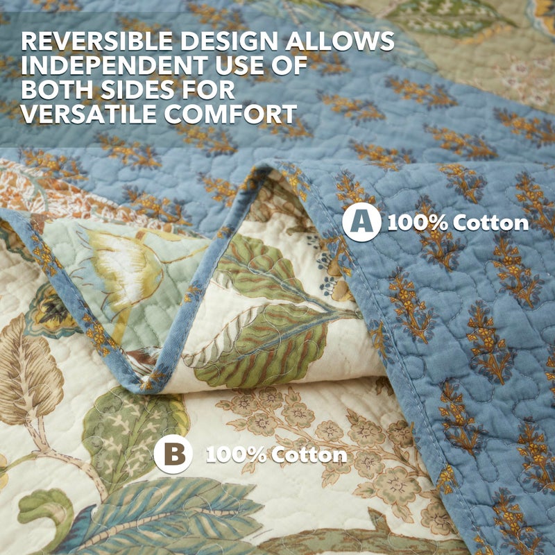 NEWLAKE Quilt Set Queen Size, 100% Cotton Patchwork Green Bohemian Quilt Sets, Reversible Bedspread Lightweight and Breathable for All Seasons, Soft Quilted Bedspread with 2 Pillow Shams - Image 3